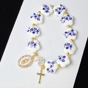 Blue Floral Ceramic Miraculous Medal Bracelet Virgin Mary Catholic Prayer Gift